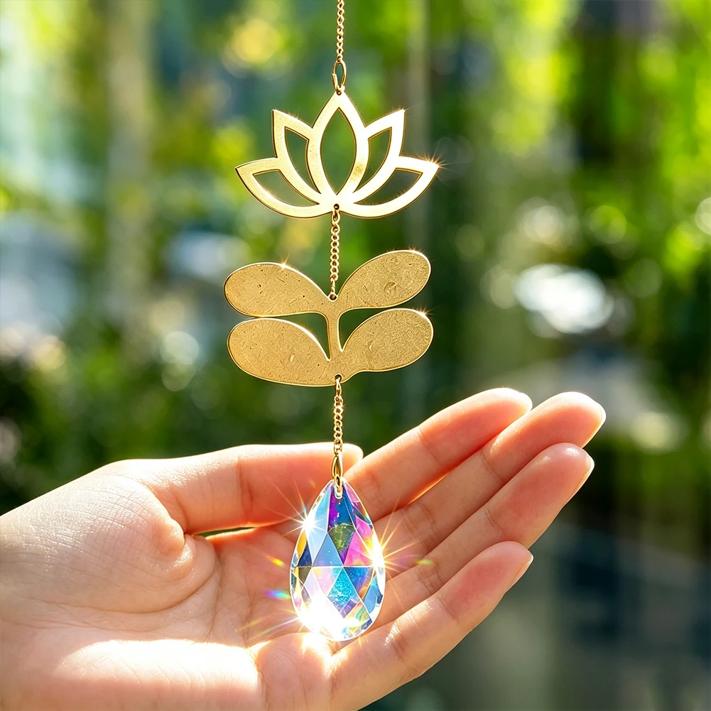 Metall-Lotus-Sonnenschutz, Tropfenförmiges Kristallprisma, Regenbogenmacher, Fensterhängedekoration, Wandvorhang-Dekor, Einweihungsgeschenk – Detail 1
