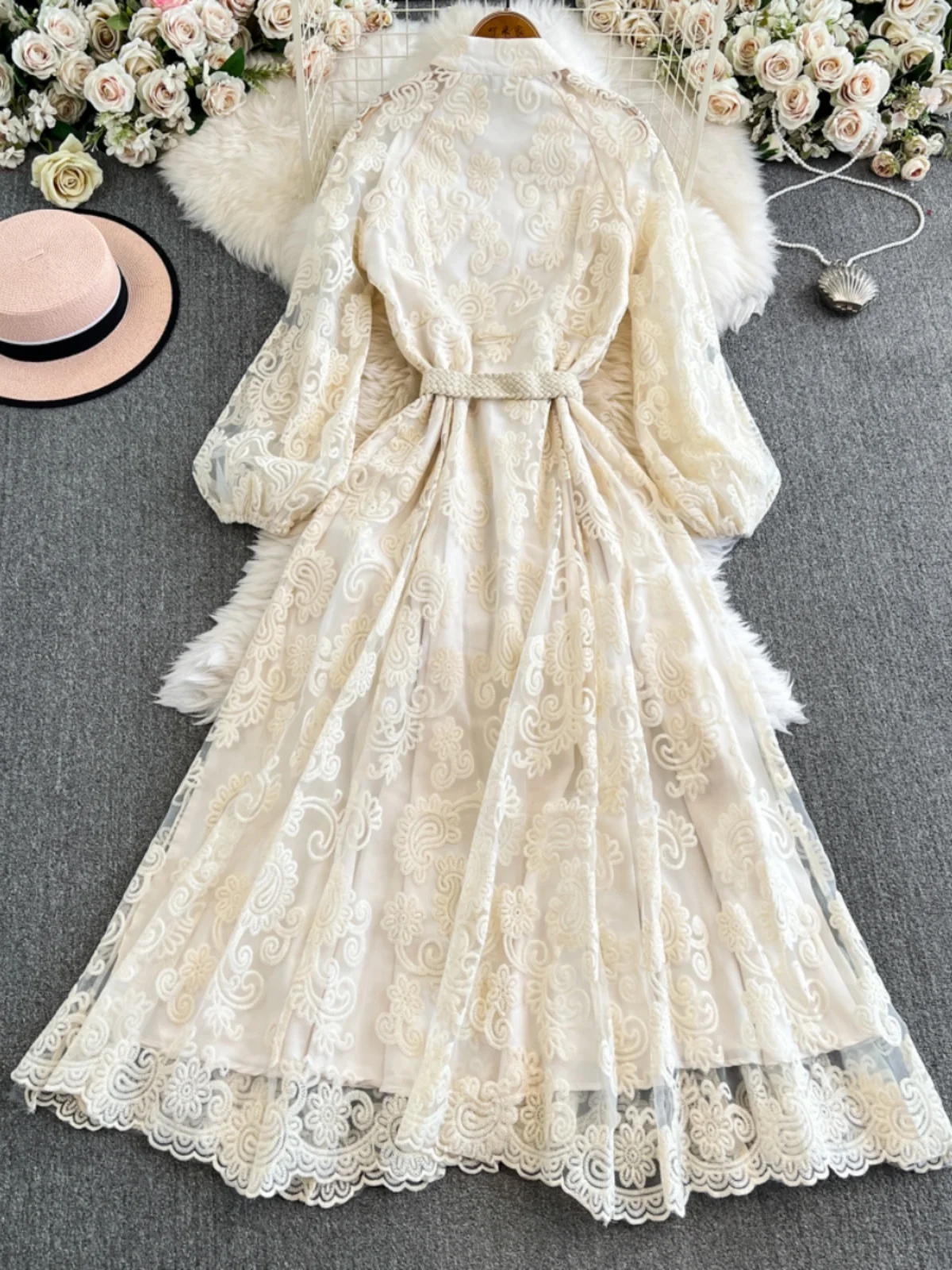 Ele Wasserlöslicher Blumenstickerei Puffy Rock Lang Dr Spitze aushöhlen Urlaub Sle Hohe Taille A-Linie Midi Dr