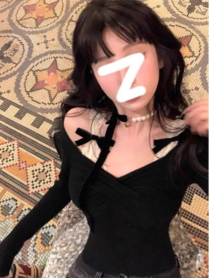 Autumn Winter New Bow Lace Camisole Tops Mujer Slim Waist Knitted T-shirt for Women Y2k Long Sleeve All-match Pullover