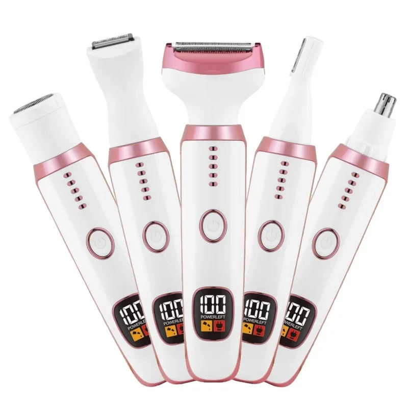 5-in-1 Electric Women's Shaver Kit, Cordless Body Trimmer LCD Display, Nose & Eyebrow Trimmer, USB Rechargeable Waterproof Head