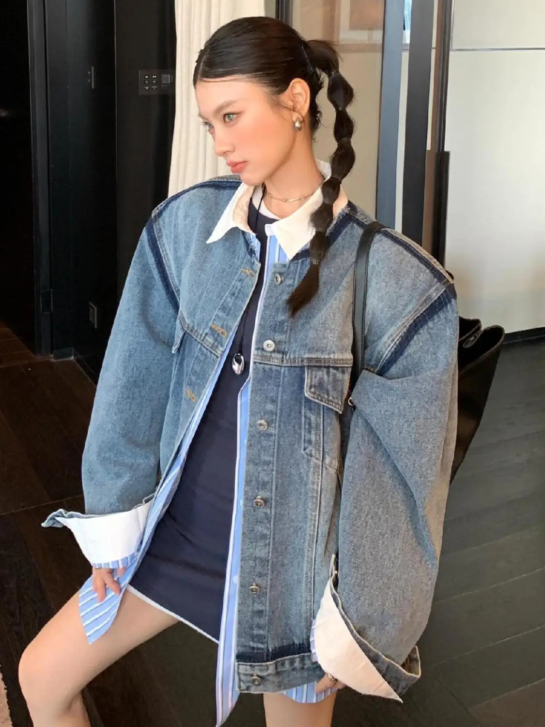 

Women's Retro Denim Loose Blue Jacket Street Style Autumn Winter Solid Color Outerwear Warm Tops Female Single Breasted Long Sle