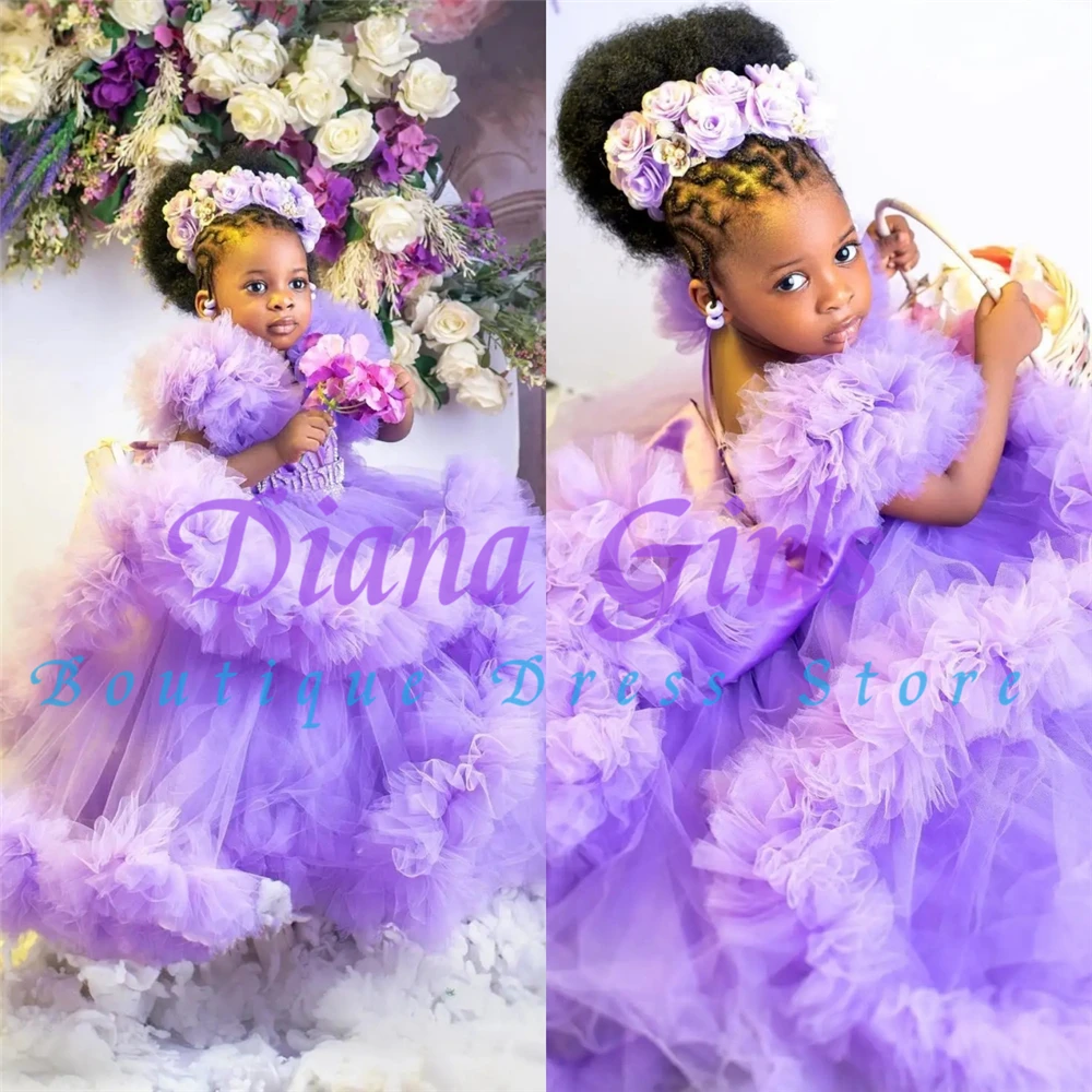

Элегантные лавандовые платья для дня рождения для маленьких девочек, тюлевое платье с оборками и цветочным узором для девочек, пышные бальные платья на день рождения для маленьких детей