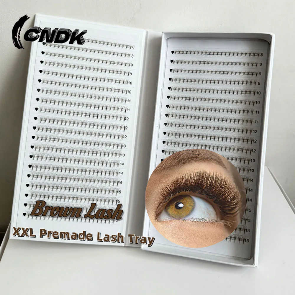 Brown Colored 800Fans PBT Hybrid Premade Russia Volume Fan Sharp Pointy Stem Premade Lashes Extension Thin Root XL Tray Lash