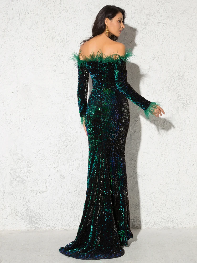 Shiny Sequined Velvet Party Gown Off Shoulder Feather Slash Neck Long Sleeve Stretchy Floor Length Mermaid Maxi Dress