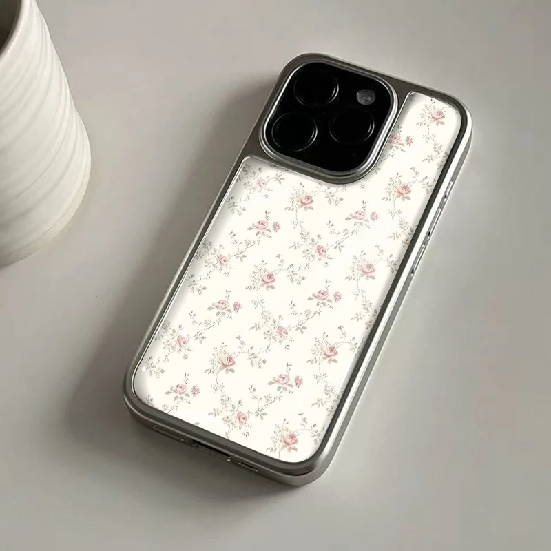 Ins Romantische Retro-Rosen-Hydrogel-Rückplatte mit silbernem Rand, stoßfeste Handyhülle für iPhone 17, 16, 15, 14 Pro Max