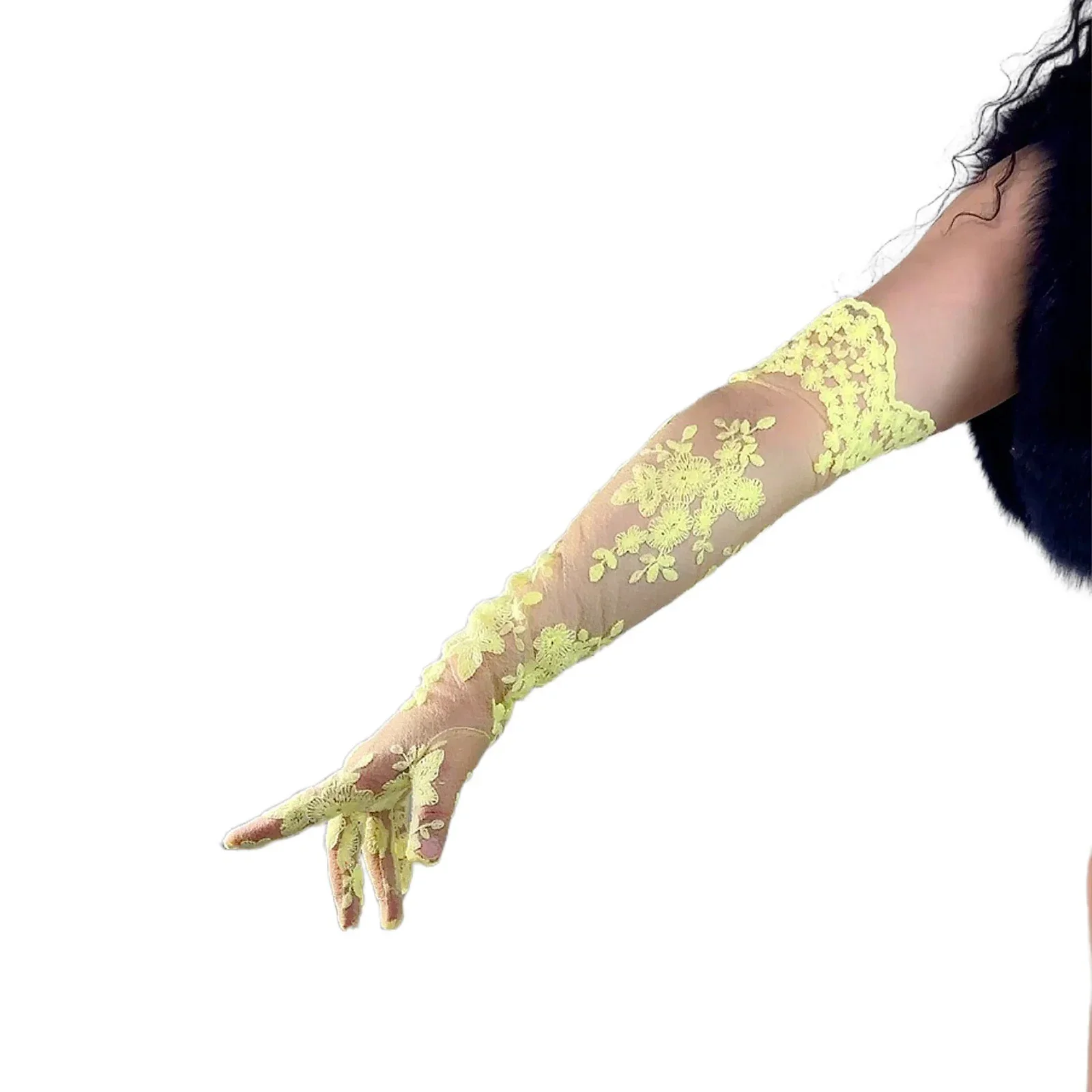 

Женские желтые кружевные перчатки 60 см выше локтя, с цветочным узором, из прозрачного тюля, модные, для вечеринок, оперных представлений, свадеб