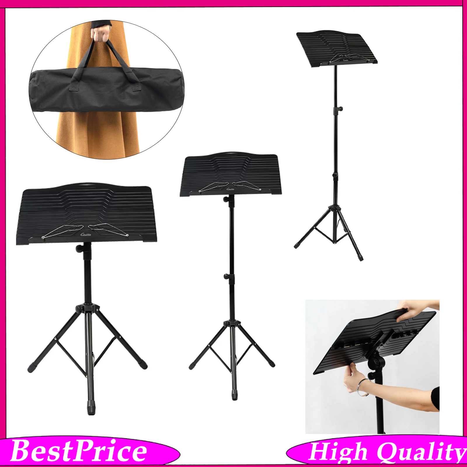 GUITTO GSS-04 Folding Music Stand | Heavy-Duty Aluminum Alloy Tripod Sheet Stand with Carry Bag | Adjustable Height & Angle