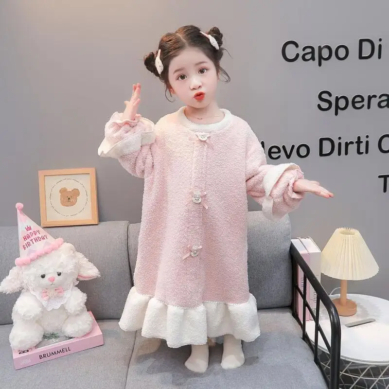 

Халат из кораллового флиса для девочек, пижамы, осень-зима, утепленная фланелевая ночная рубашка, пуловер, детская кавайная модная новая стильная повседневная одежда