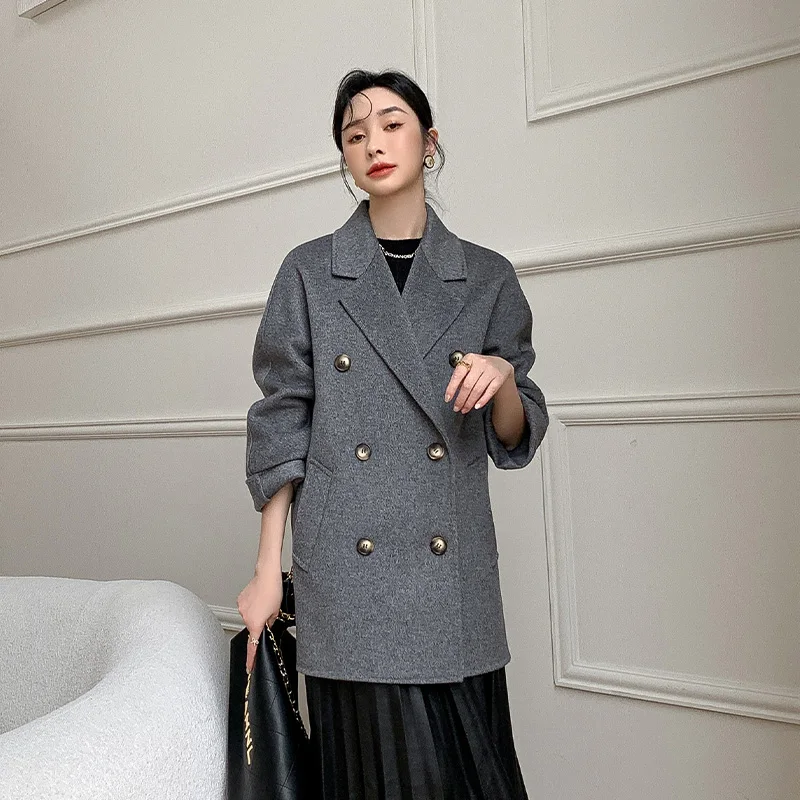 Autumn Winter New Double Sided Wool Coat Women\'s V-Neck Long Sleeve Loose Solid Button Pocket Short Style Temperament Wool Coat