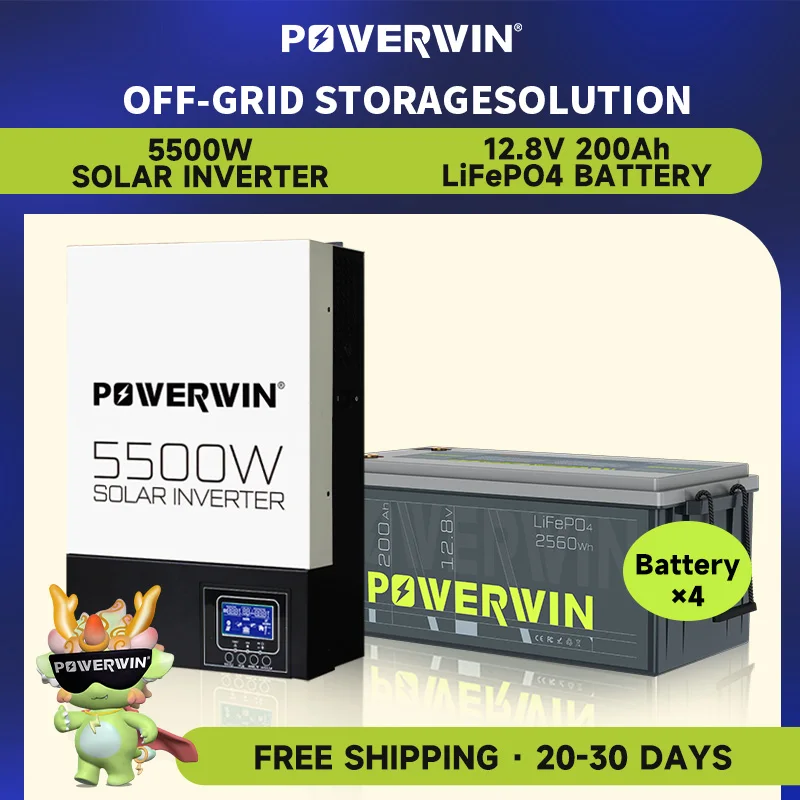 

POWERWIN BT200 LifePO4 12V 200Ah/2560Wh HI5500 5500W 48V Hybrid Solar Inverter Off-grid LCD 48V Battery Pure Sine Wave 100A MPPT