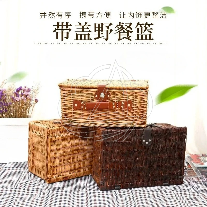 Portable Insulated Picnic Basket Rattan Woven Storage Basket with Tableware for Outdoor Camping