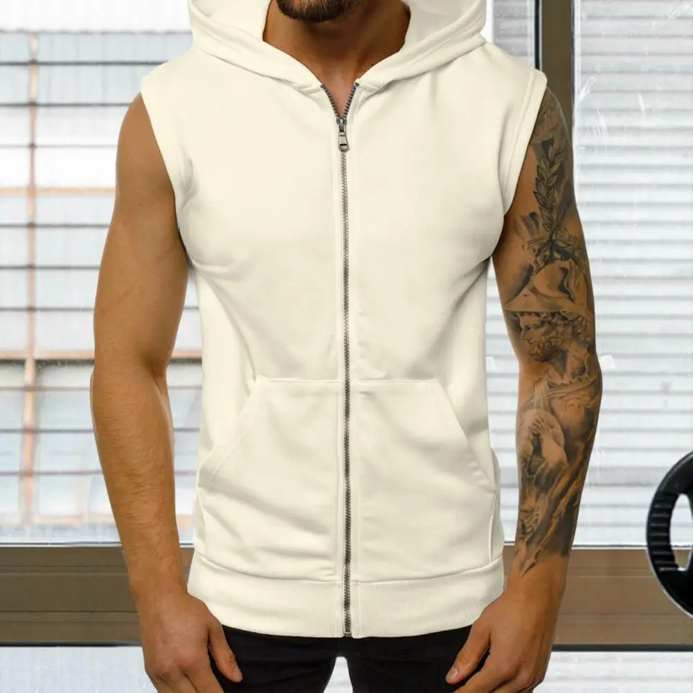 Classic Hoodie Vest  Zipper Closure Shrink Resistant Vest Coat  Men Sport Sleeveless Hooded Sweatshirt