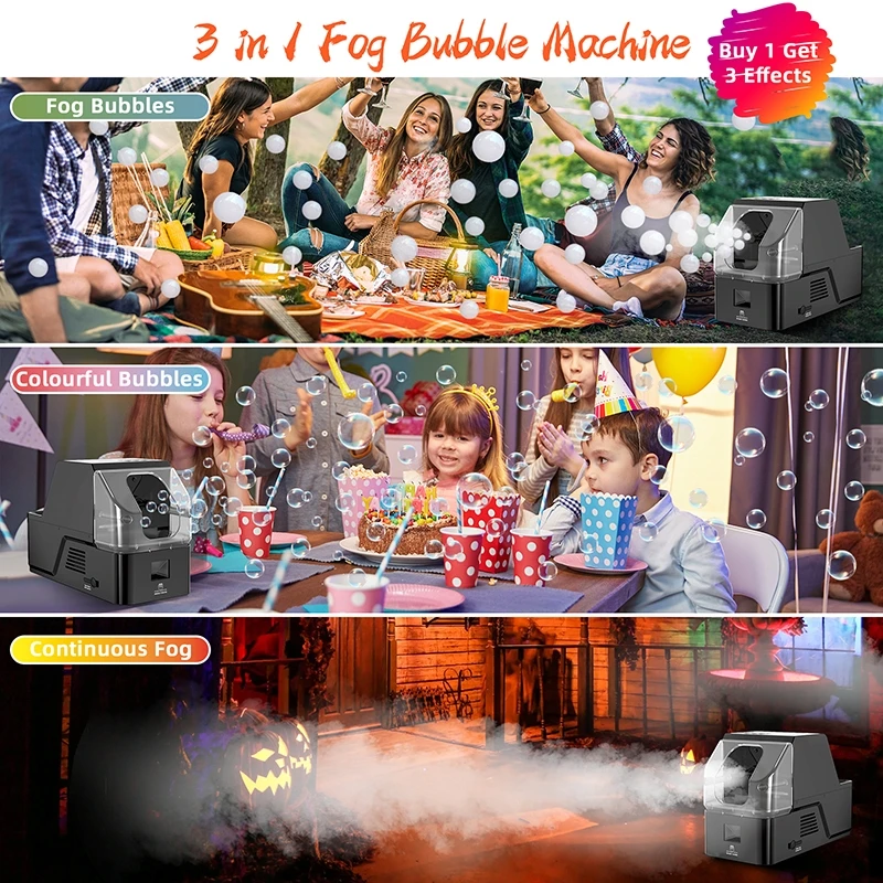 Machine à brouillard, machine à brouillard à bulles 3 en 1, machine à bulles de fumée 400 W avec télécommande sans fil, fabrication de bulles de brouillard, bulles, brouillard