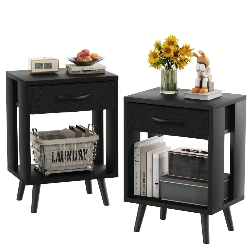 

2 Pieces Nightstand Fabric Storage Drawer Open Wood Shelf Bedside Table For Bedroom Space