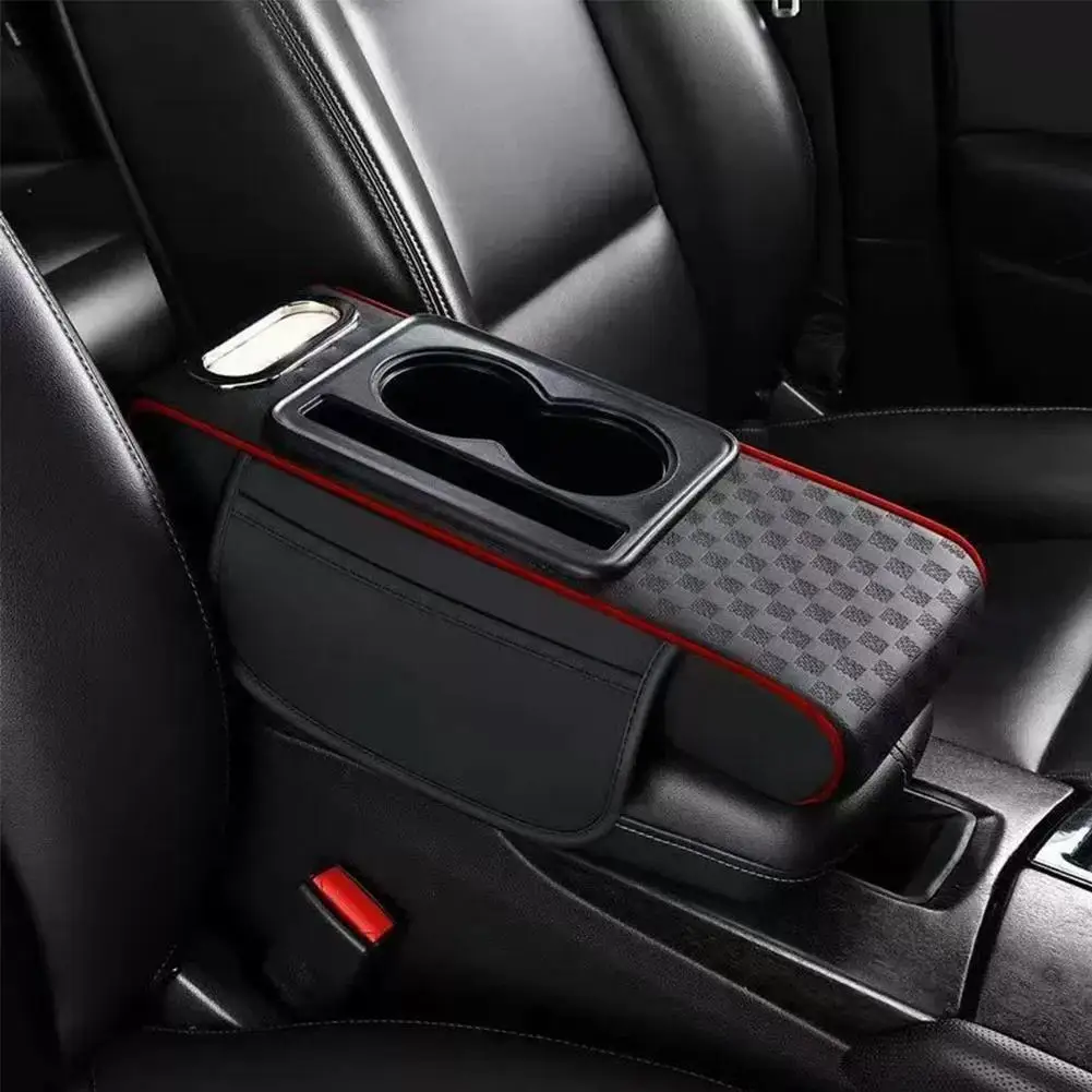 Car Center Console Height Increasing Armrest Cushion Multifunctional PU Leather Armrest Pad with Cup Holder Tissue Box Universal