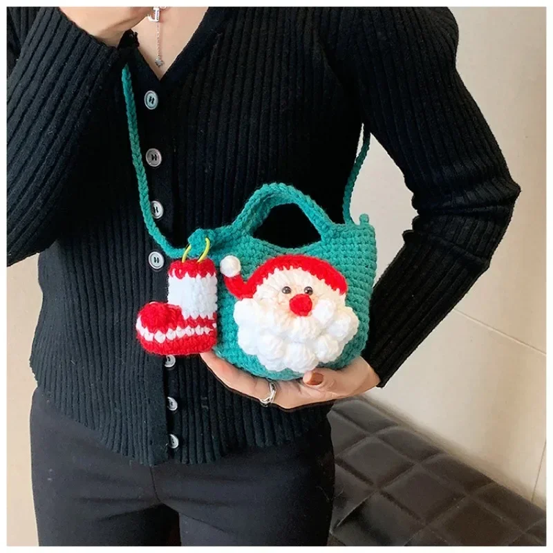 Christmas Pure Handmade Wool Knitting New Women's Bag Fashionable Versatile Shoulder Bag Santa Claus Finished Bag 2023 Winter