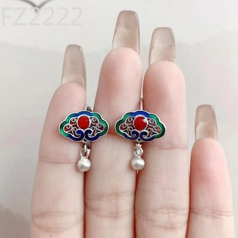 

Ruyi lock ear buckle burning blue craftsmanship simple atmosphere ethnic style women's versatile fashion earrings jewelry