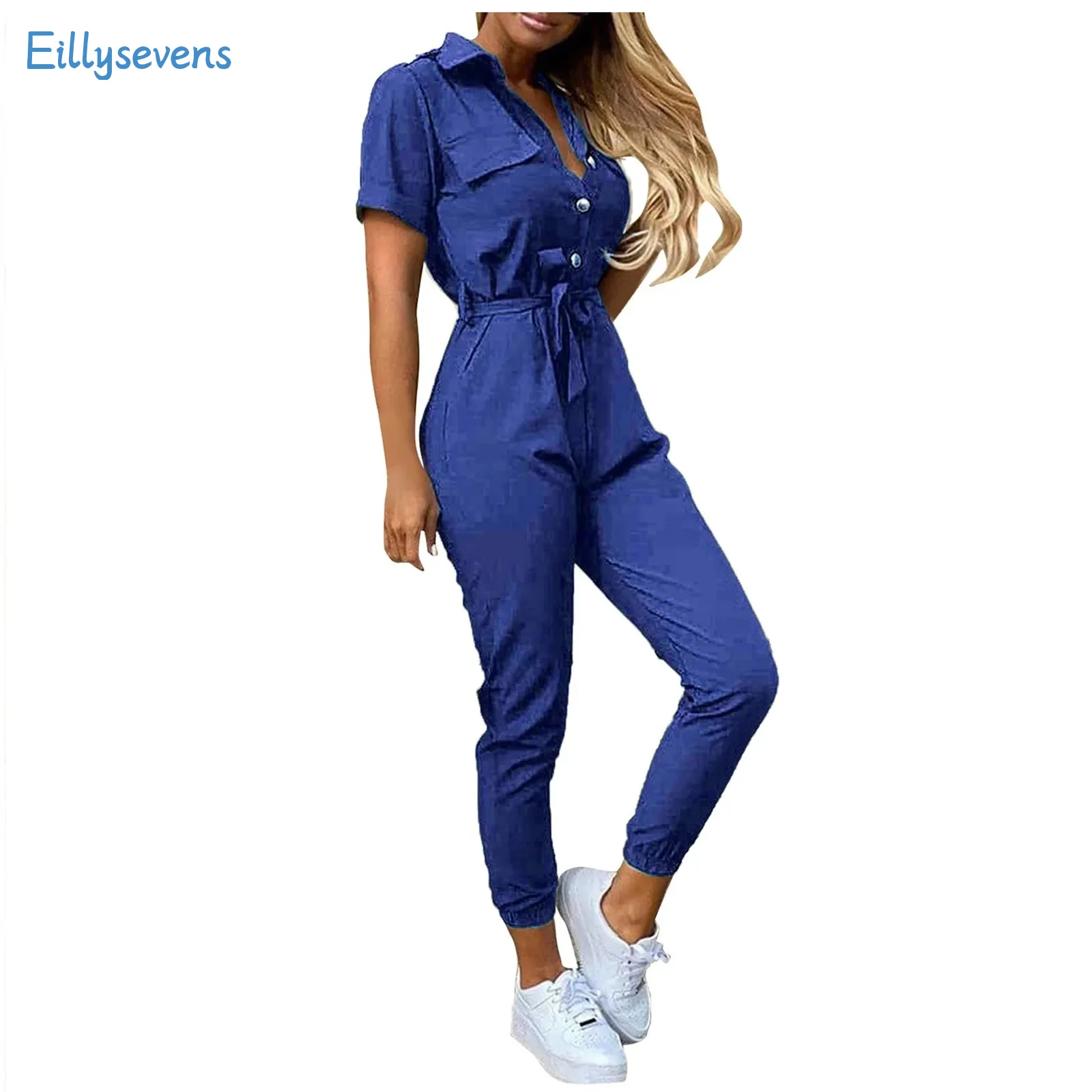 

Women'S Cargo Jumpsuits Fashion Summer Casual Lapel Lace-Up Solid Short Sleeve Jumpsuits Simple Daily Commute Fitting Rompers