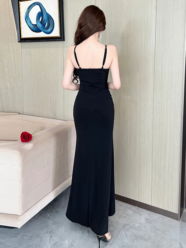 로우컷 스트랩 이브닝 드레스 섹시 여성 나이트클럽 슬림 비대칭 밑단 바디콘 롱 스커트 여성 여름용...