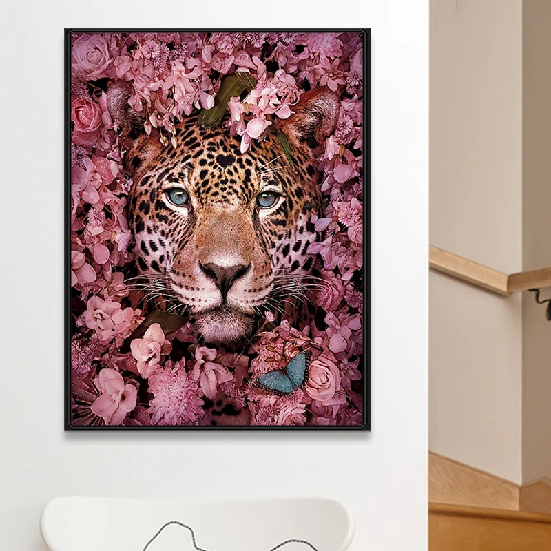 5D bricolage diamant peinture léopard tigre discuter visage et fleurs broderie Animal plein diamant point de croix perceuse décor à la maison cadeau