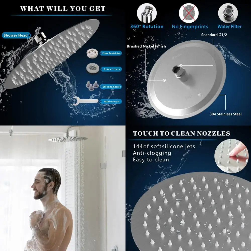 

12-Inch High-Flow Stainless Steel Showerhead with Universal Mount, Brushed Nickel Finish