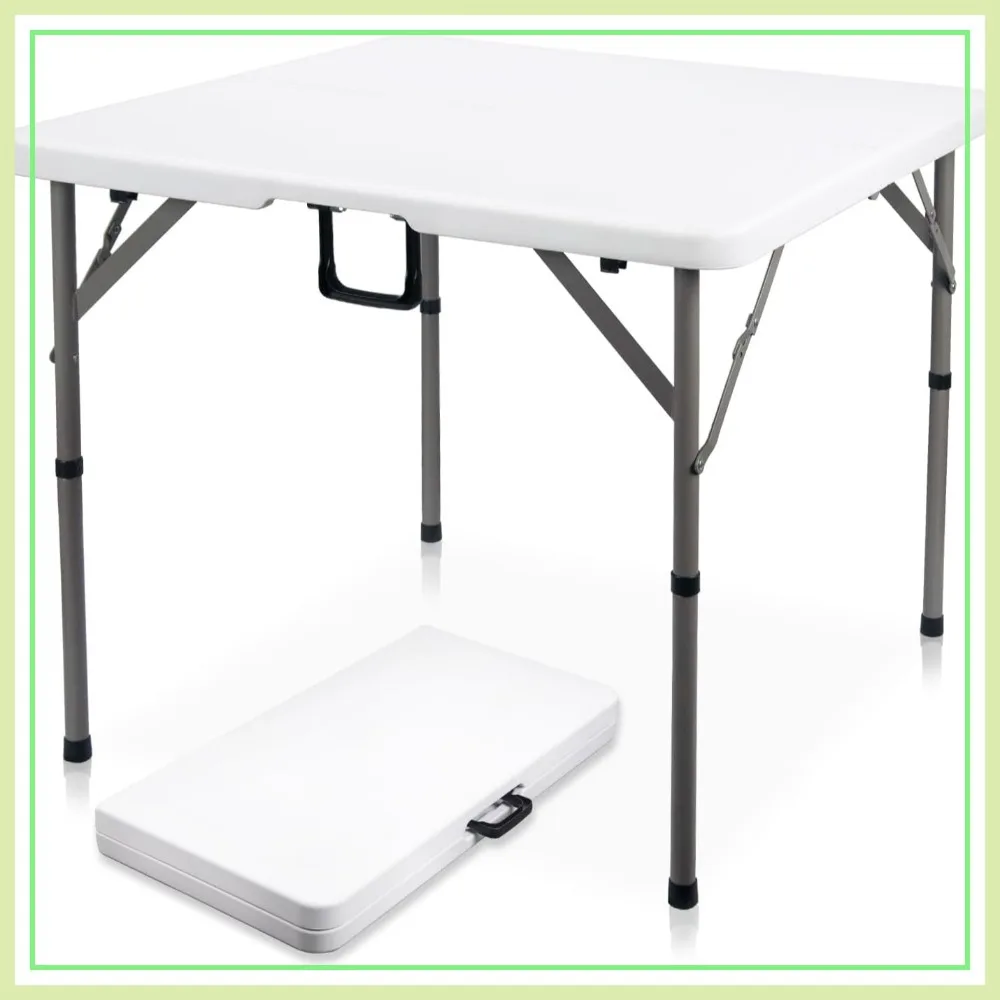

34" Square Folding Card Table, Heavy Duty HDPE Plastic, Fold-in-Half with Handle, Indoor Outdoor Dining, Picnic, Camping