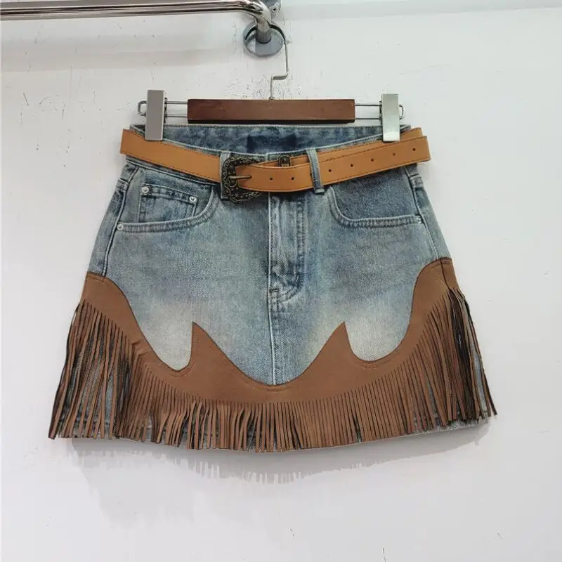 

Women's Denim Skirt High Waist Spliced Contrast Color Irregular Tassel A-line Mini Jeans Skirt 2023 Summer New Fashion p1114