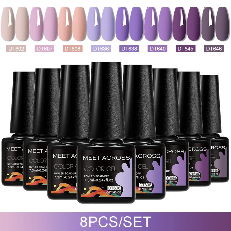 MEET ACROSS 8 szt./zestaw Kolorowy Lakier Żelowy do Paznokci Półtrwałe Lakierowanie Paznokci do Manicure Soak Off LED UV Żelowy Lakier do Paznokci