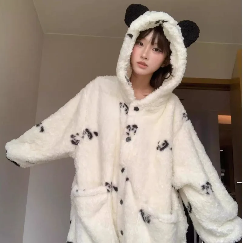 Cute Cartoon Coral Velvet Hooded Onesies Pajamas Kawaii Autumn Winter Thickened Padded Warm Fleece Rompers Sleepwear for Women 3