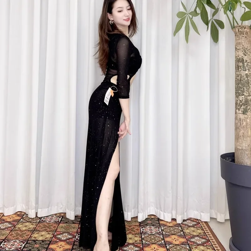 실버 메쉬와 속이 빈 소매가있는 맞춤형 Swega 밸리 댄스 스커트 연습 복장 Eastern Dance Costume Belly Dancing