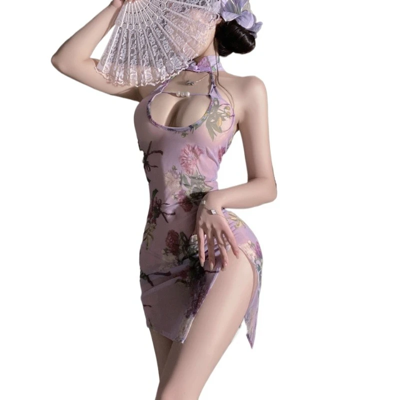 

Sexy Lingerie Set Seduction Hollow Out Printed Qipao Skirt Improved Traditional Chinese Cheongsam Dress Ancient Erotic Nightwear