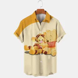 New Summer 2024 Disney Winnie The Pooh And Stitch Brand Cartoon Casual 3D Printed Short Sleeve Lapel Shirt Slim Fit Men's Top