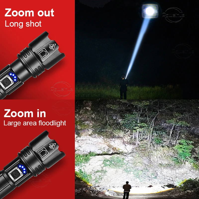 500W ไฟฉาย LED ที่มีประสิทธิภาพ 26650 ชาร์จ 2000M Long Range Zoom ไฟฉายยุทธวิธีโคมไฟกลางแจ้ง Camping โคมไฟ