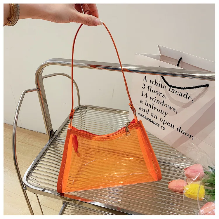 New Summer Fluorescent Transparent Handbag Candy Pure Color Clear Shoulder Bag Women\'s Armpit Bag Waterproof Underarm Bag