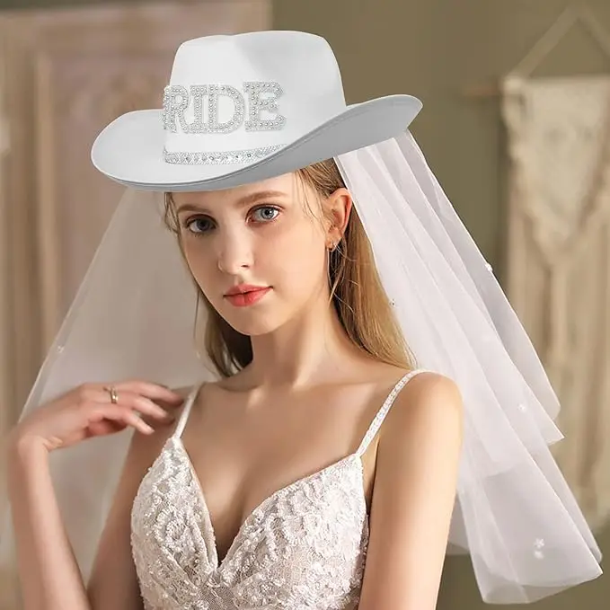 Braut-Cowgirl-Hut für Junggesellenabschied, Strass, weißer Cowboyhut für Frauen, Braut als Geschenk, Halloween-Kostüm – Detail 14