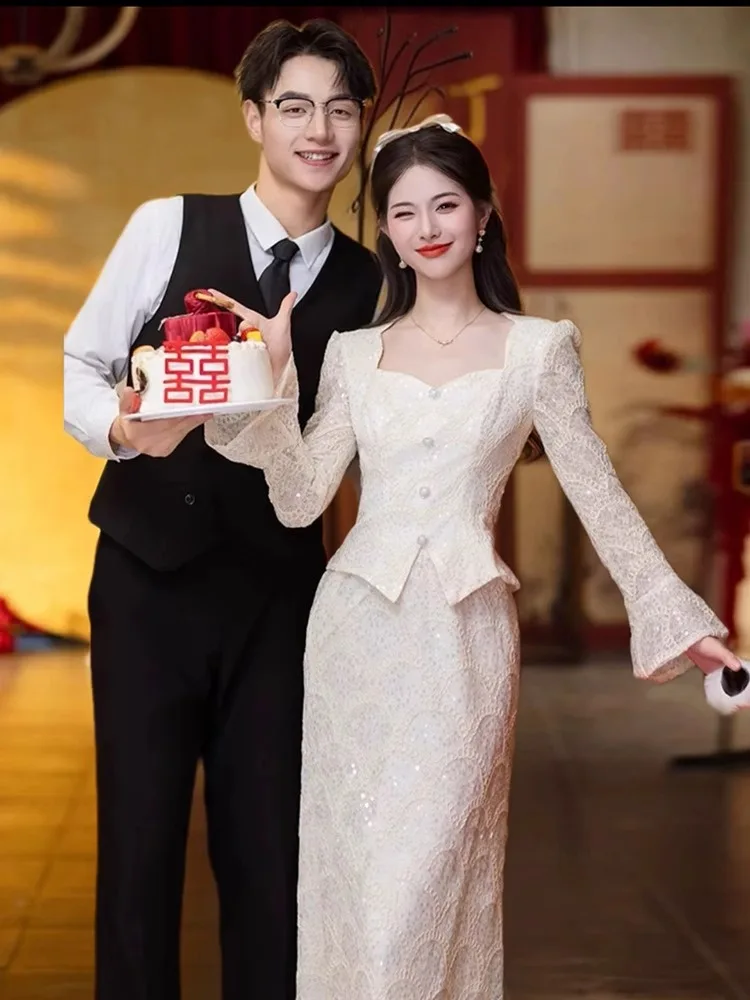 

Engagement Long Sve Wedding Dr Two-Piece Set Vintage Sle Registered Marriage Formal Evening Gown Women