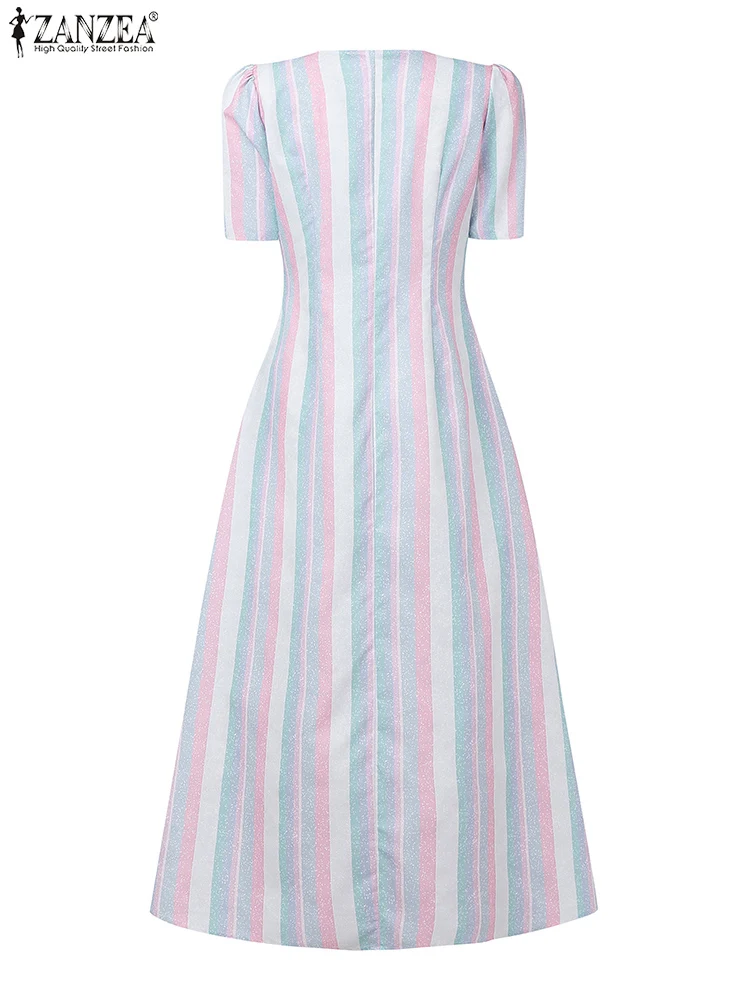 ZANZEA レトロストライプドレス女性エレガントなオフィスサンドレス夏のパーティーマキシロング Vestidos 2025 カジュアル A ラインパフスリーブローブ