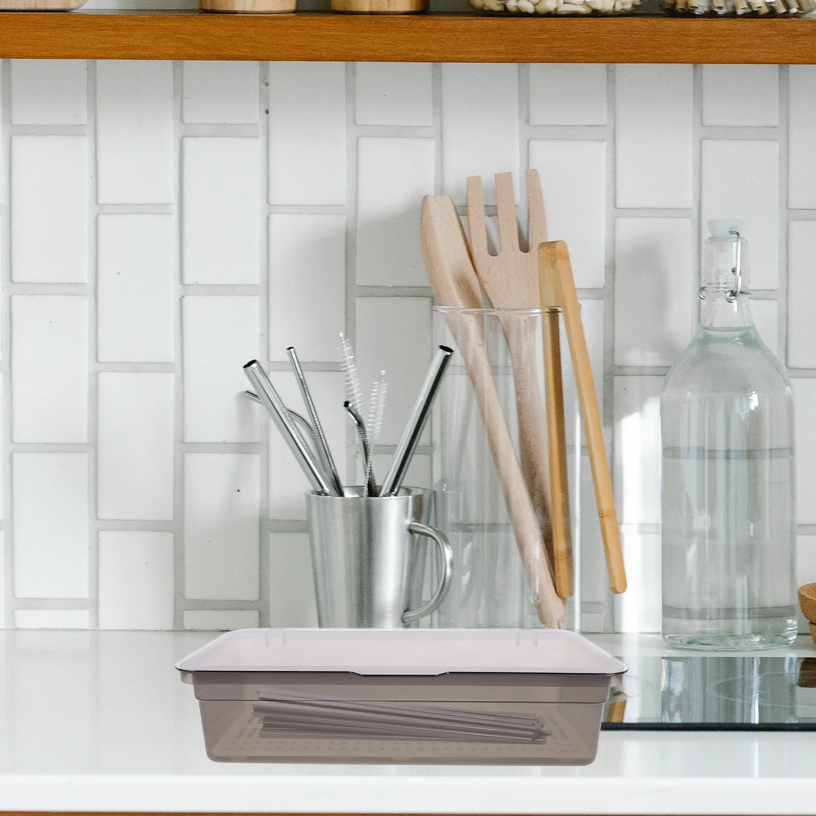

Chopsticks Box 25Cm Gray Utensil Holder With Transparent Lid Drain Design Kitchen Countertop Storage Tray For Spoons Forks