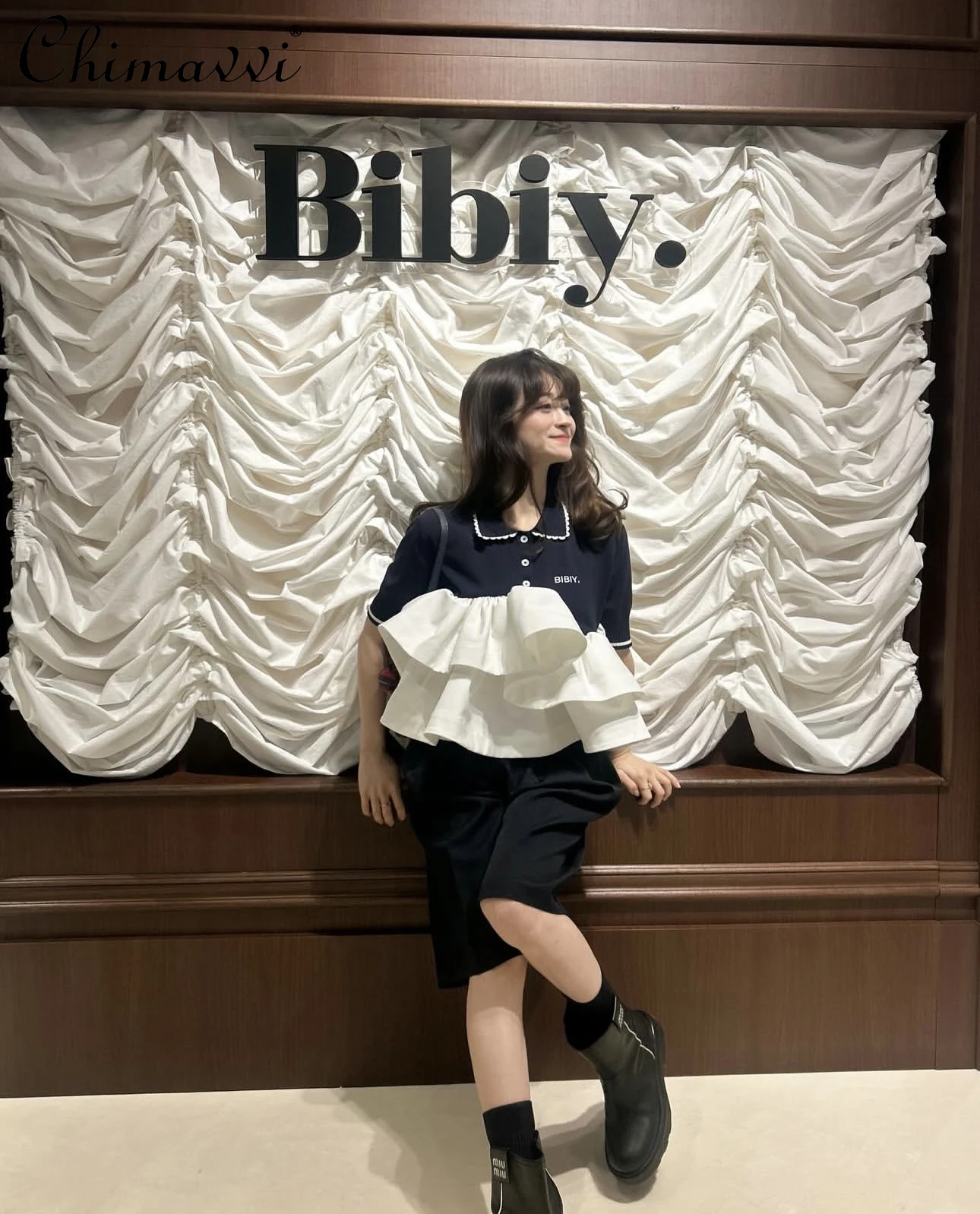 

Japanese Style Sweet Girl Knitted Splicing Puffy Top 2025 New Fashion Embroidered Lapel Short-sleeved Shirt Blouse Women