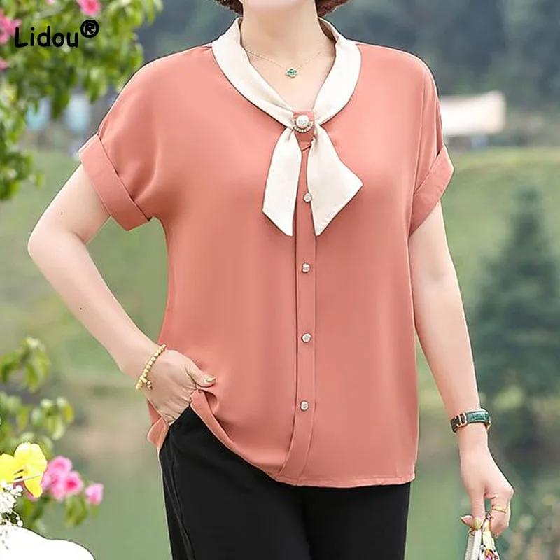 Commute Female Short Sleeve Casual Button Chiffon Blouse Summer Fashion Round Neck Spliced Solid Color Shirt Women\'s Clothing