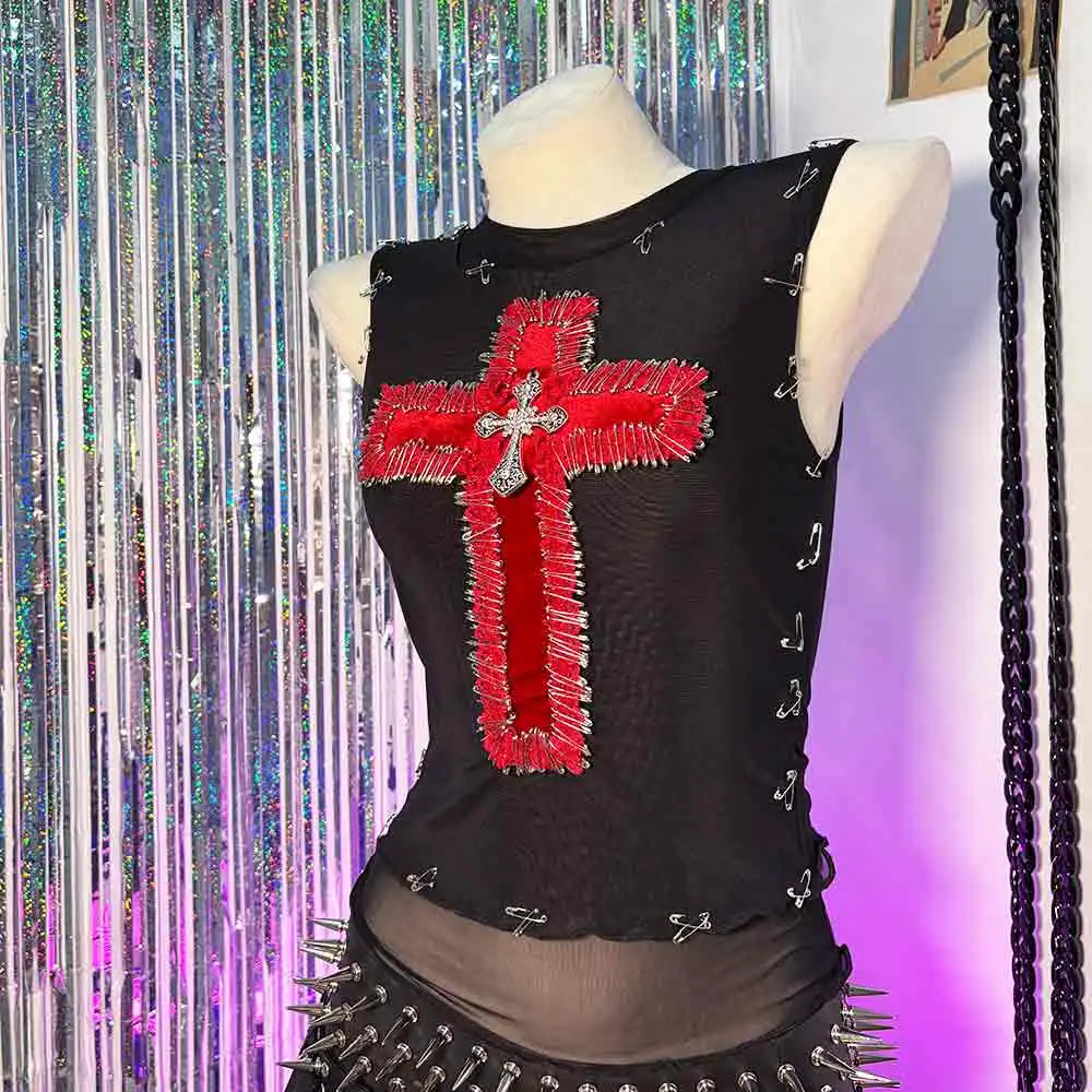 في سن المراهقة Harajuku ملابس للنادي ايمو خلل الأساسية الصليب E-الفتيات دبوس موضة إحياء الشرير الصخرة Y2K القمم القوطية تانك يدوية الجرونج القوطي