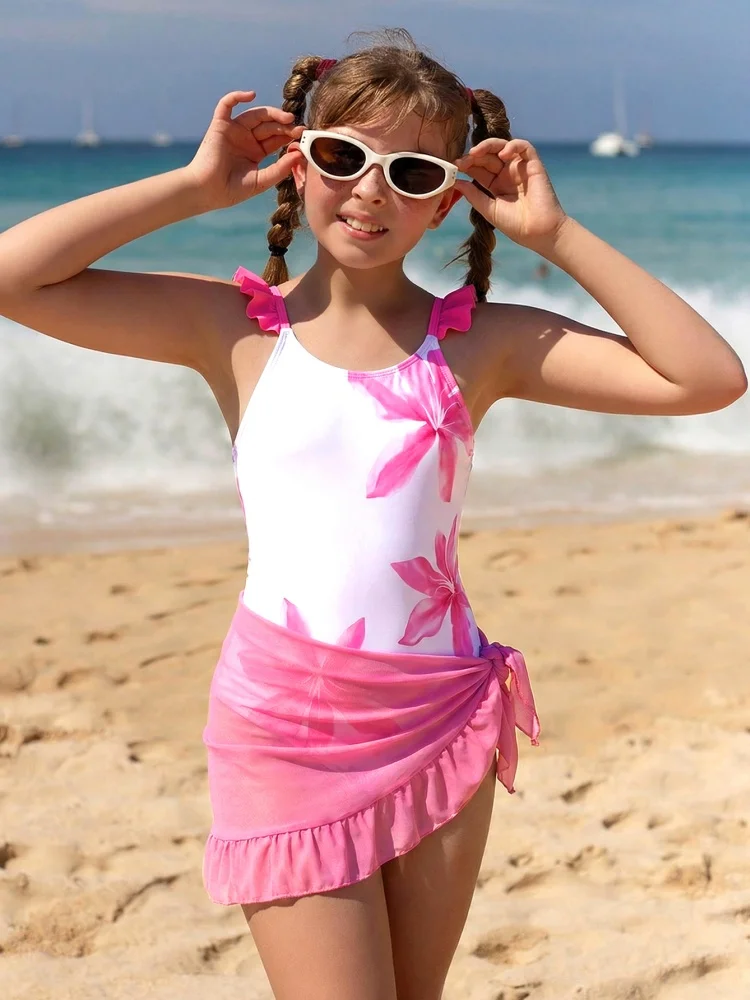 

One Piece Girls Kids Swimsuit 2026 New Pink Flowers Ruffle Sling Children Swimwear Summer Mesh Beachwear Cover Up Bathing Suits