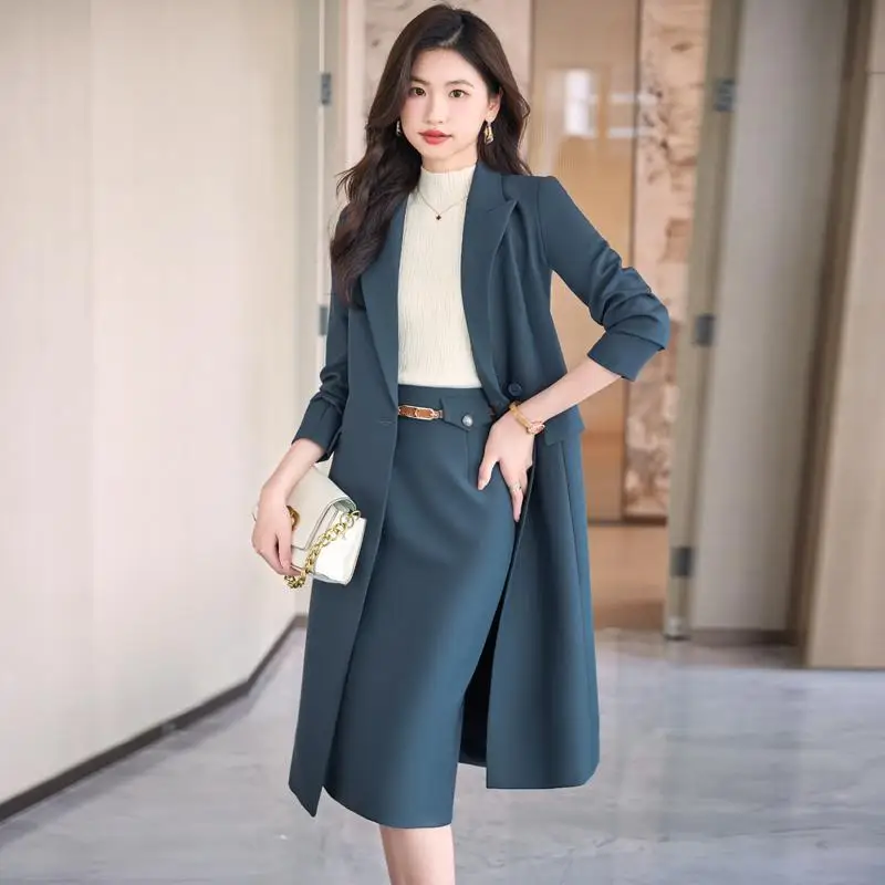 2-B18  Mid-length suit jacket for women autumn 2023 new style high-end professional trament large size suit two-piece suit skirt