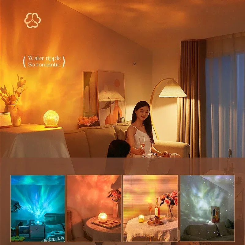 New Water Ripple Projector Night Light Crystal Mood Lamp Bedside Home Bedroom Decoration Aesthetic Christmas Gift Sunset Lights