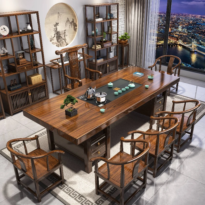 

Large board solid wood log tea table and chair combination one table and five new Chinese coffee offic