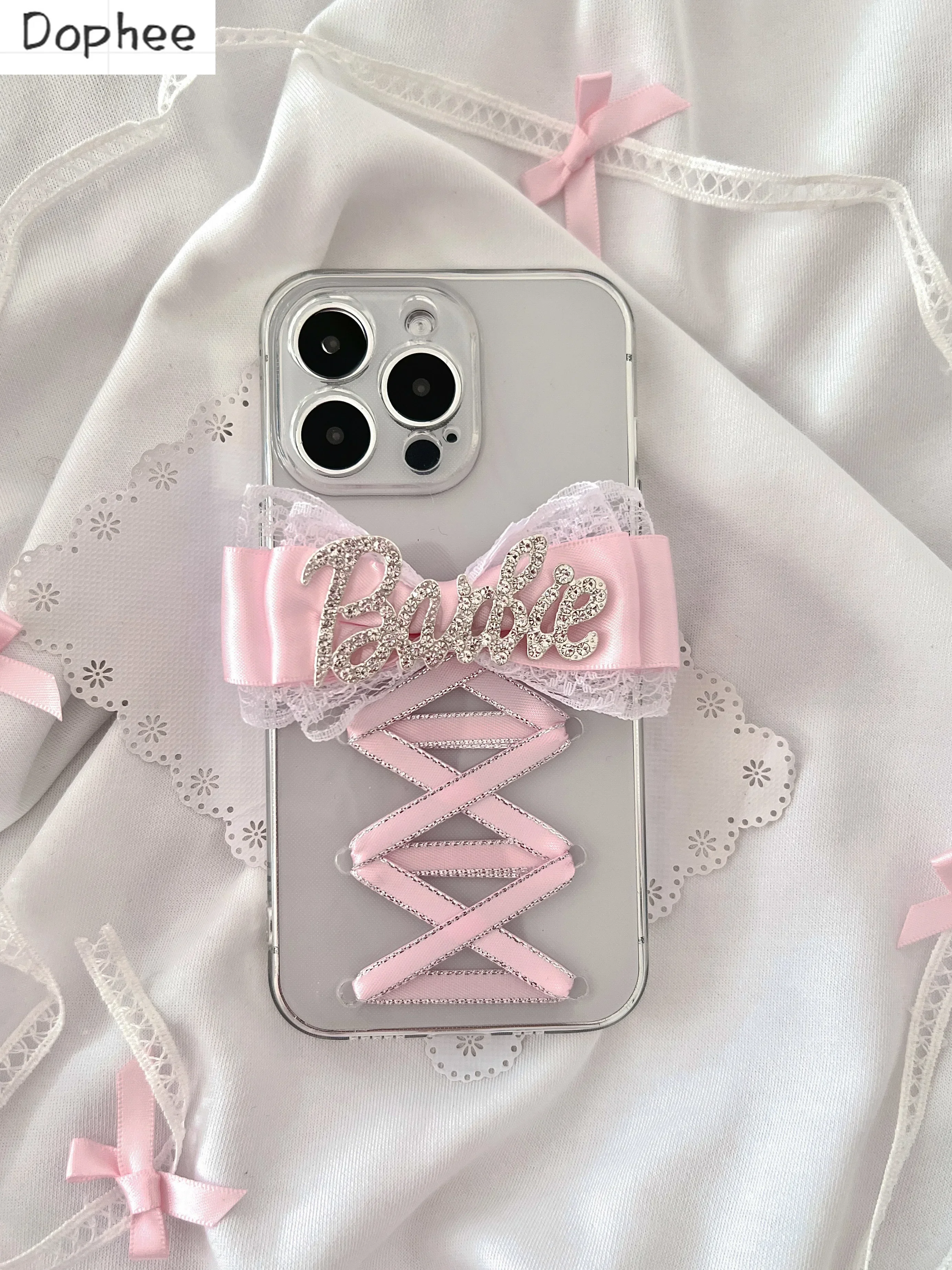 Dophee Ins Ballet Style Ribbon Lace Bowknot Y2K Apple Phone Case 13 14 15 16 Promax Sweet Girls Transparent IPhone Soft Shell