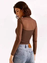 Turtleneck Y2k Crop Top Brown Aesthetic Clothes Mesh Patchwork Ropa De Mujer Long Sleeve Office Lady Outfits T Shirts For Women