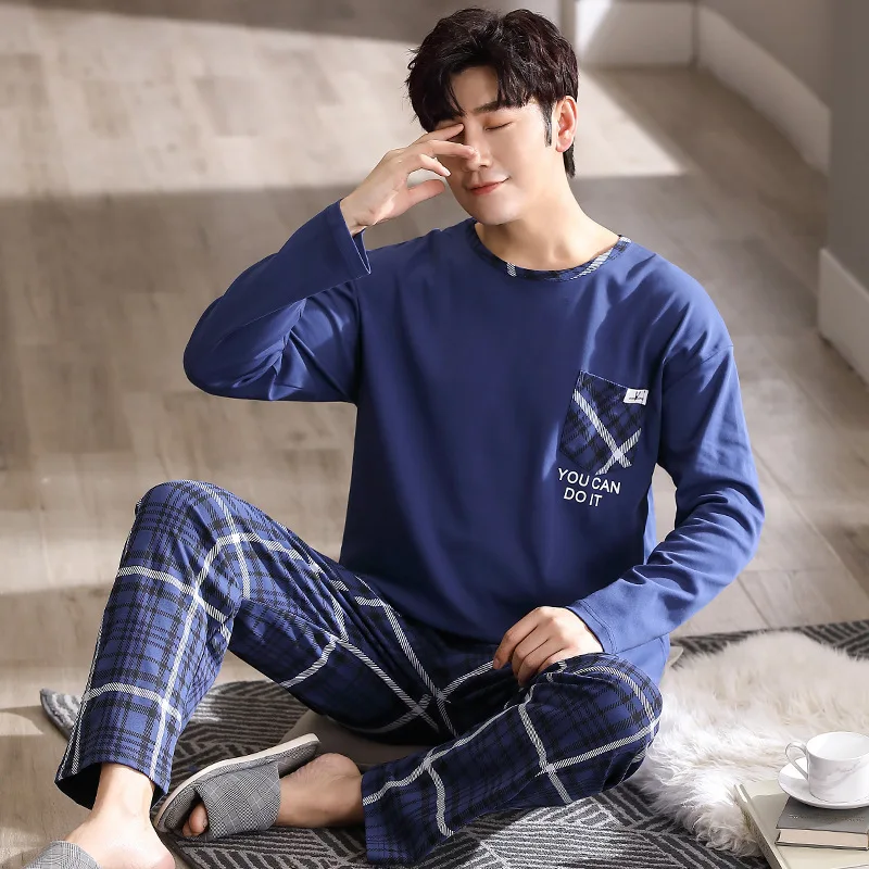 2 Pieces Men's Pajamas Set Long Sleeping Top & Plaid Pant Autumn Sleepwear Male Cotton Breathable Nightwear pyjamas men homme