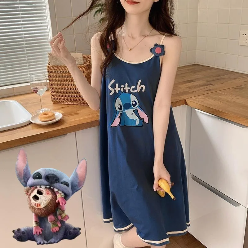 

Disney Stitch Nightgown Women Pajamas Comfortable Spring and Summer Sling Sleepdress Cartoon Anime Sleepdress Girl Nightdress