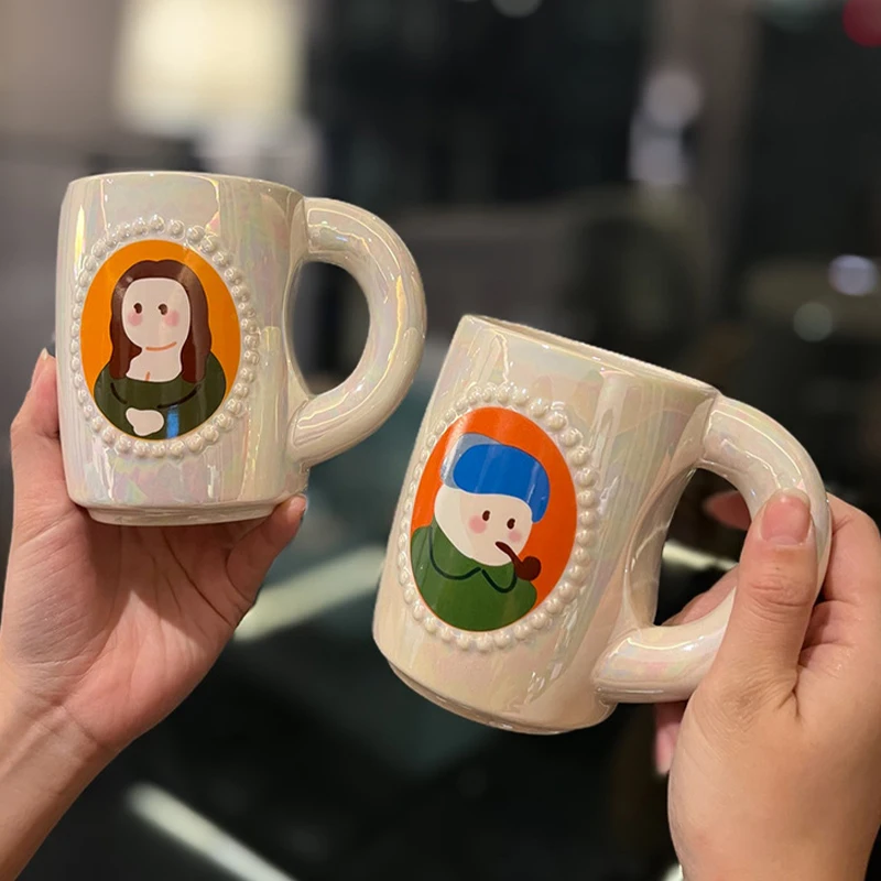 Criativo Retro Pintura A Óleo Cerâmica Caneca De Café, Pérola Esmalte, Van Gogh, Mona Lisa, Copo De Água, Escritório, Casa, Leite, Copos De Chá, Presente